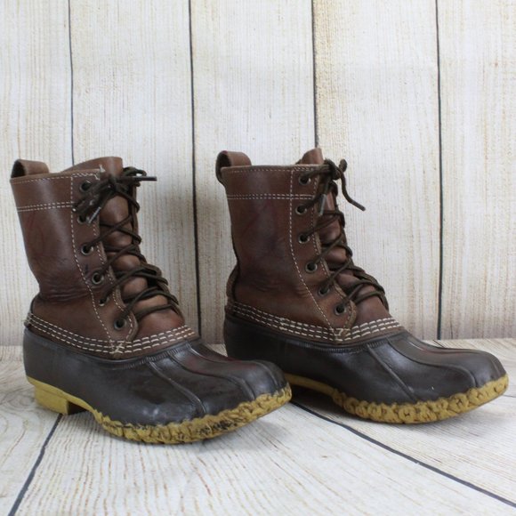 LL BEAN Insulated Brown Leather Lace-up Ankle Duck Boots Size 6 M - Picture 3 of 9